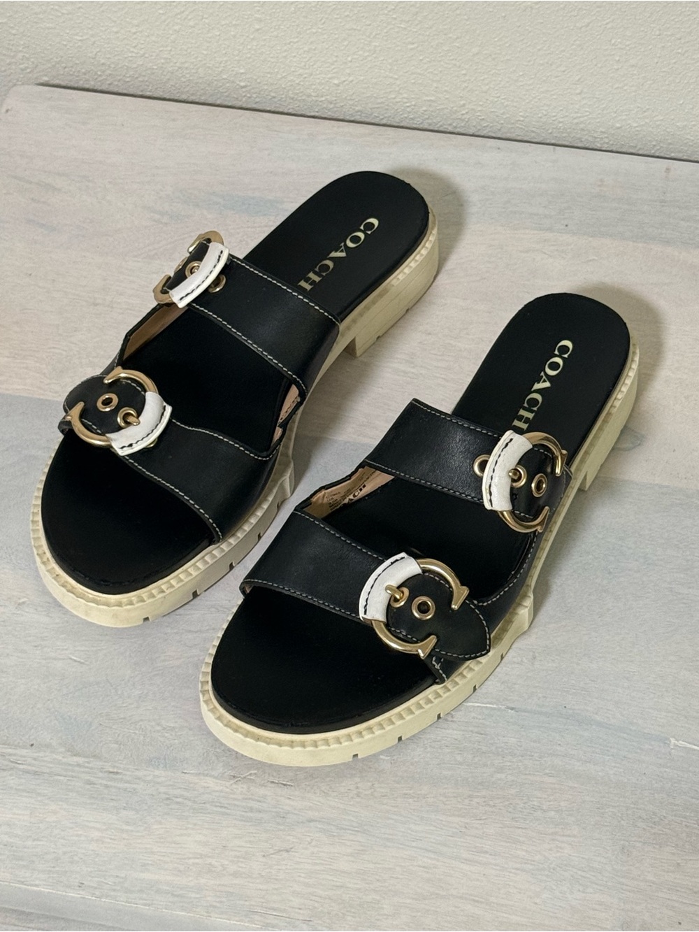 Coach Black Leather Double Buckle Slide Sandals